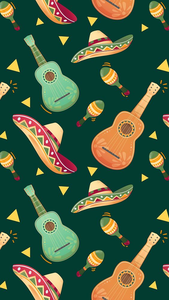 Mexican guitar pattern iPhone wallpaper, tradition instrument illustration HD background