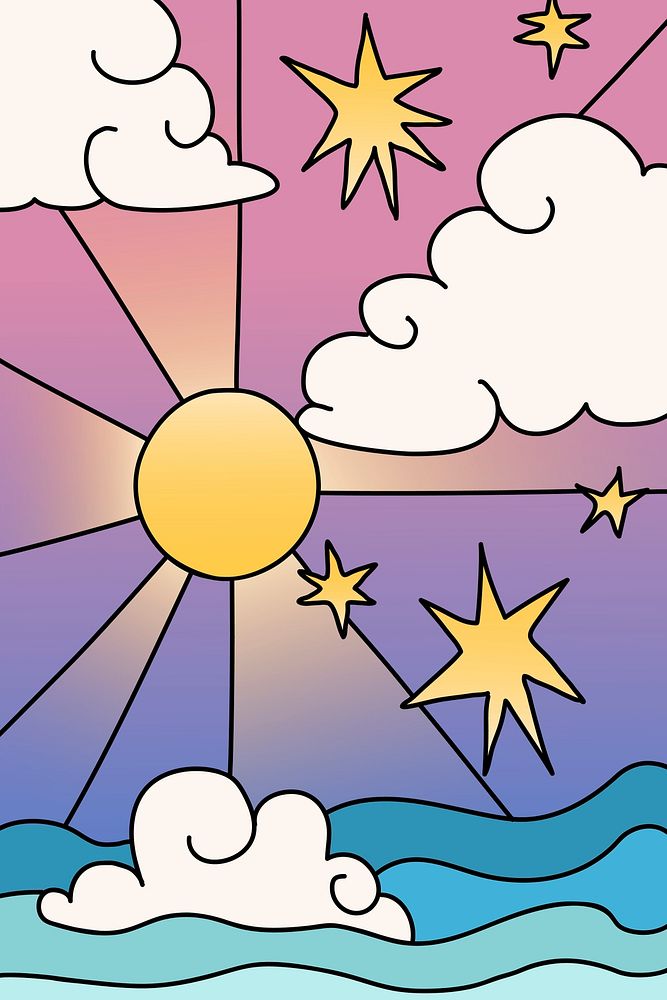 Funky sunshine ocean background, cute fluffy clouds illustration