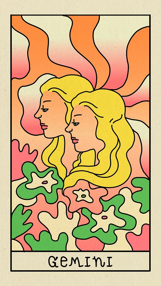 Gemini mobile phone wallpaper, feminine zodiac illustration vector