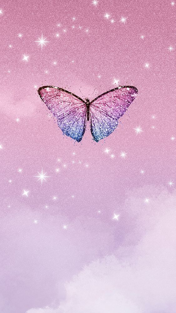Aesthetic butterfly iPhone wallpaper, sparkling stars in pink background