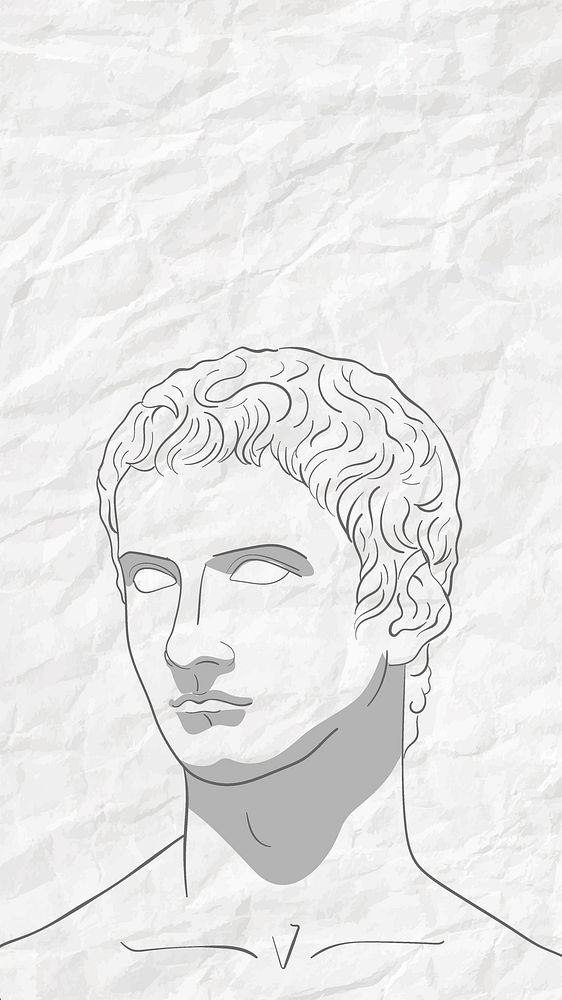 Aesthetic phone wallpaper, crumpled paper background, monoline Greek statue drawing