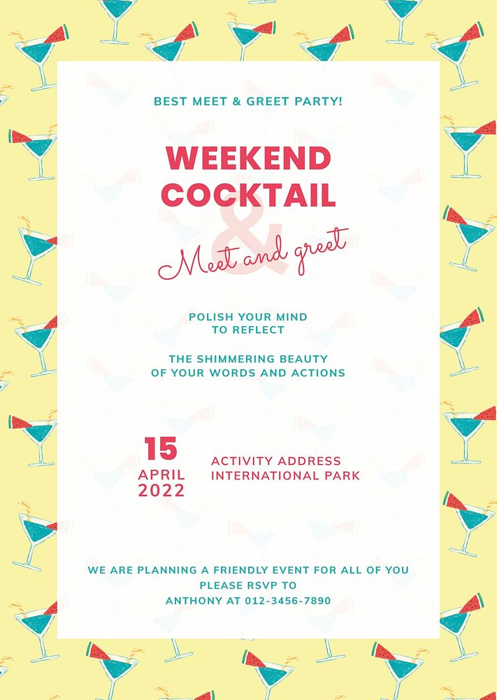 Summer weekend poster, cocktail pattern design psd