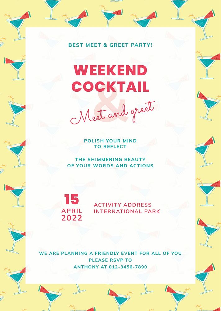 Summer weekend poster, cocktail pattern design vector