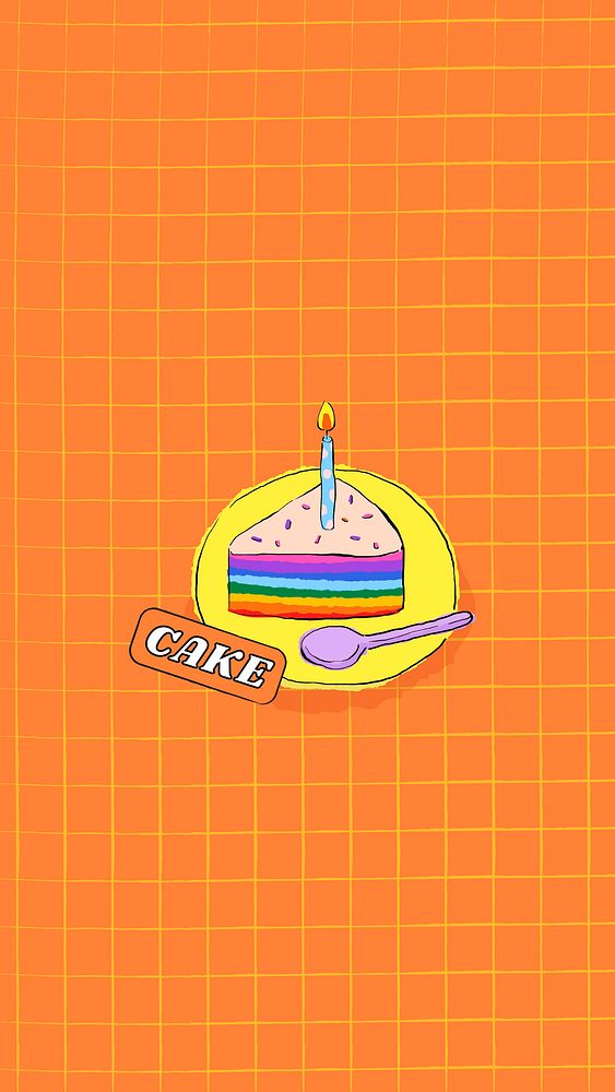 Orange birthday iPhone wallpaper background, cute cake illustration