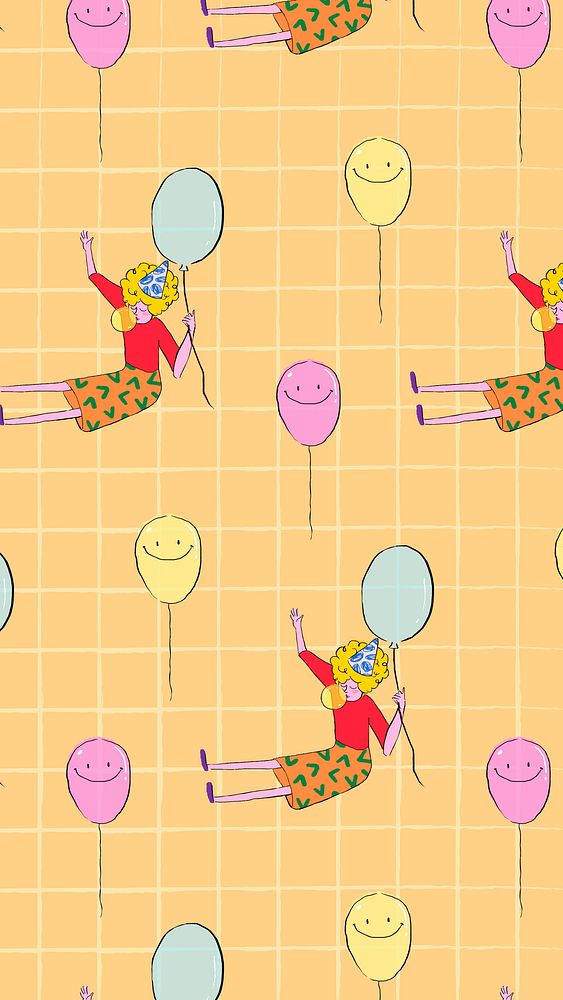 Birthday mobile wallpaper background, girl holding balloon pattern illustration