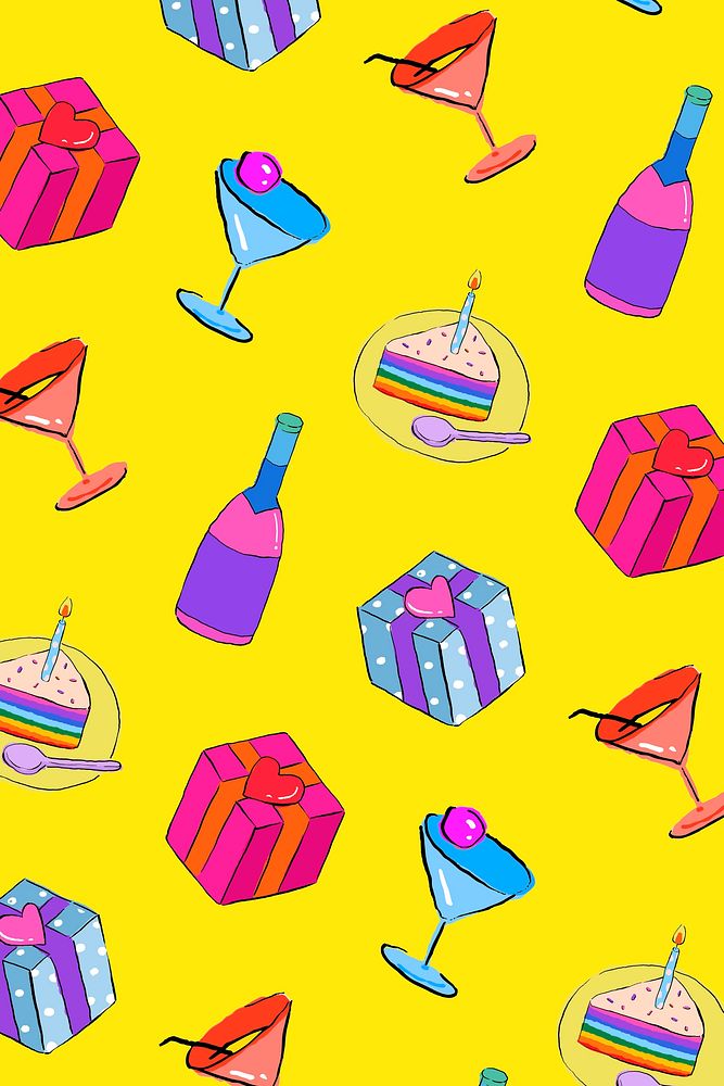 Colorful birthday pattern yellow background, drawing illustration, seamless design