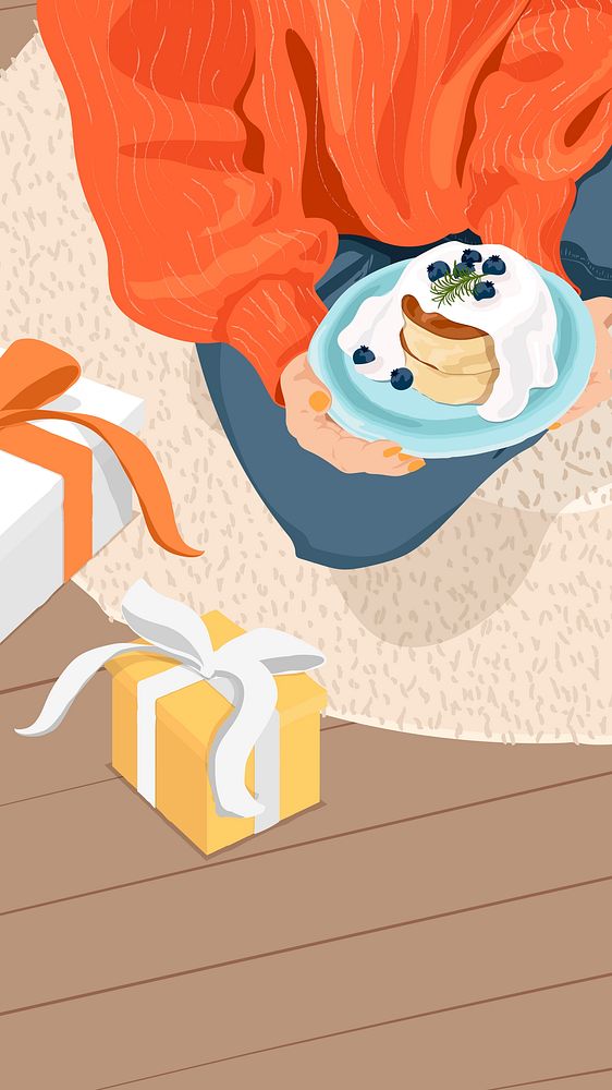Birthday phone wallpaper, woman with orange jumper and pancake, food illustration design