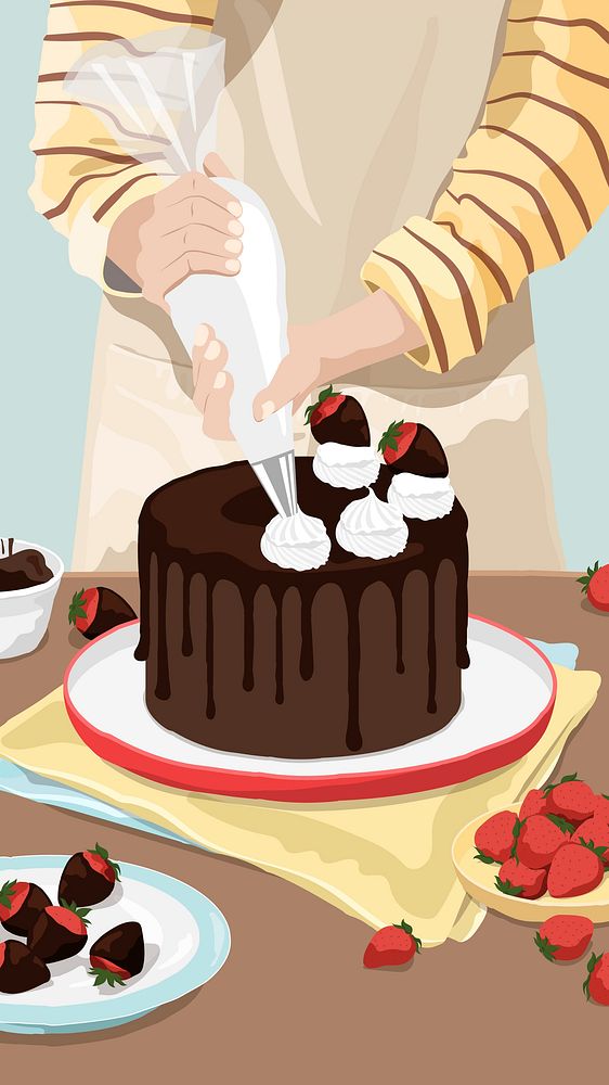Chocolate cake phone wallpaper, food illustration design