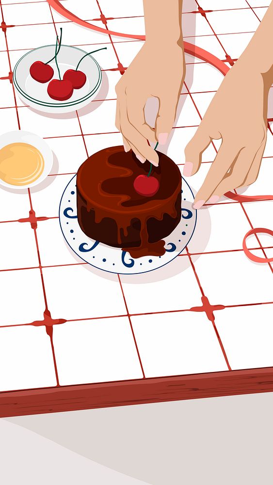 Chocolate cake phone wallpaper, homemade food illustration design