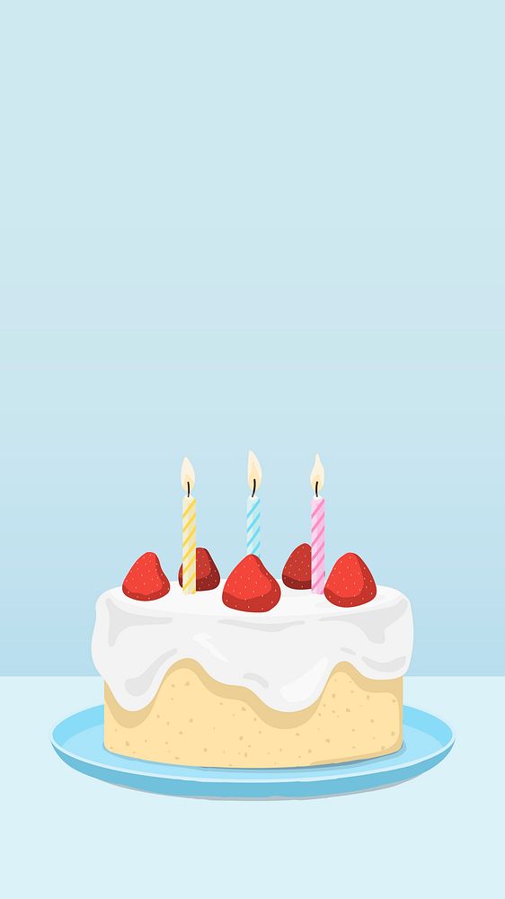 Birthday phone wallpaper, strawberry cake with candles, food illustration design