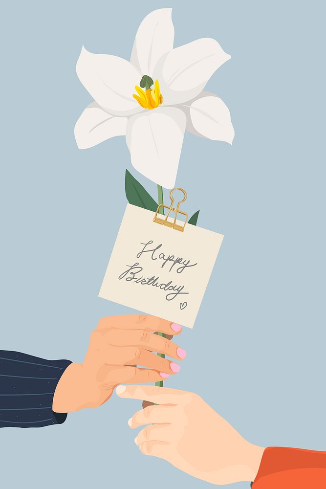 Birthday background, white flower gift, blue design