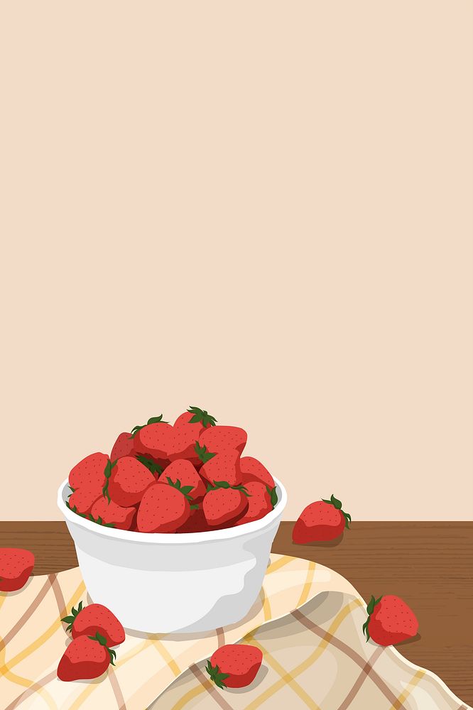 Beige background, fresh strawberries, aesthetic fruit illustration design
