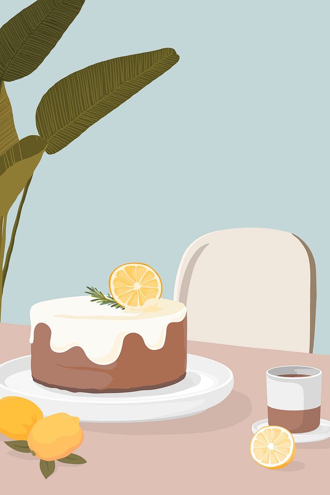Cafe background, lemon cake and tea, food illustration design