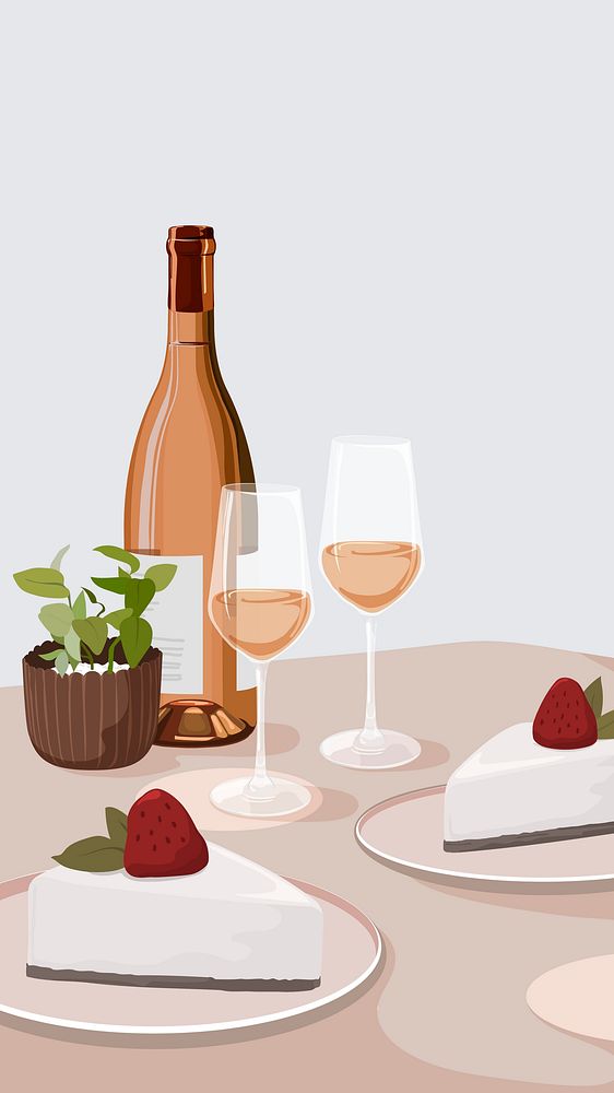Reception phone wallpaper, rose wine and cakes, celebration illustration design