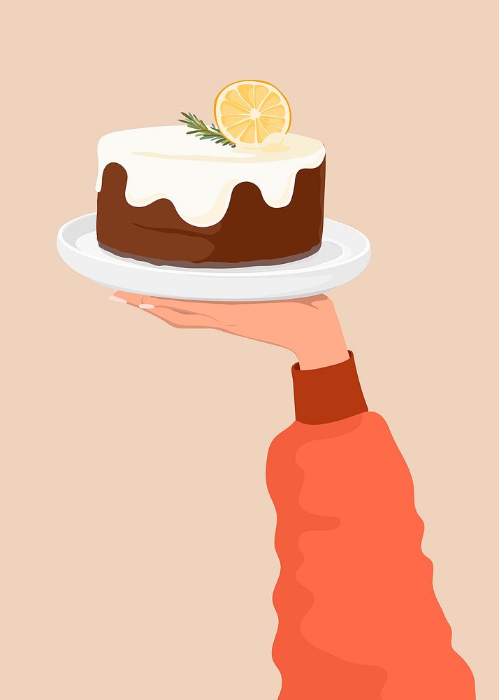 Lemon cake sticker, food vector illustration, held by woman