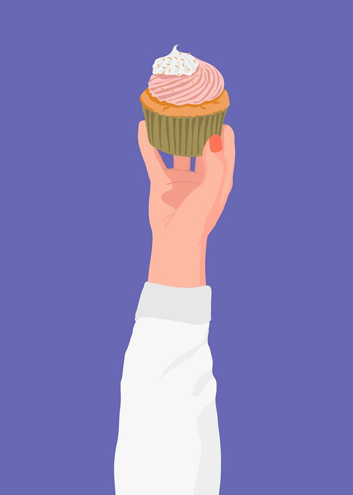 Cupcake sticker, food vector illustration, held by woman psd