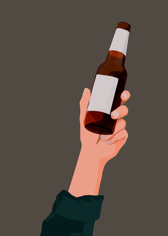 Hand holding beer bottle sticker, drink illustration design vector
