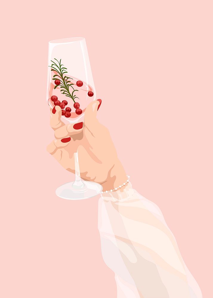Cranberry rosemary prosecco, held by hand drink illustration design psd
