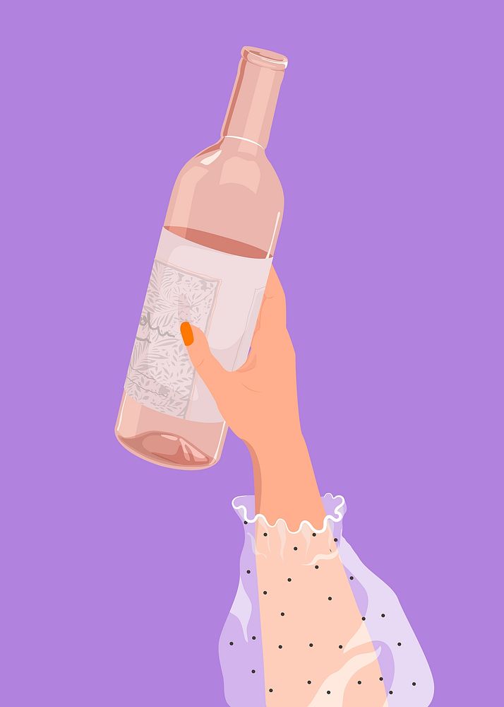 Woman showing rose wine bottle, drink illustration design