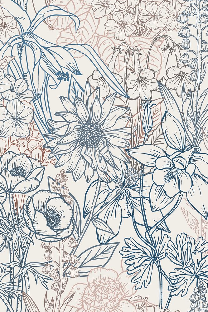 Aesthetic flower line art background in neutral color, hand drawn minimal design