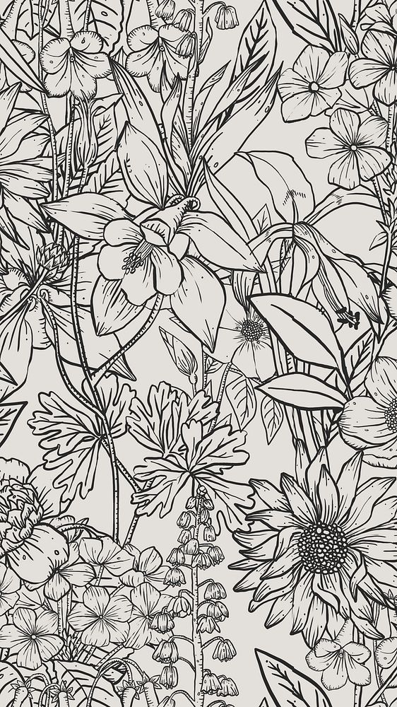 Aesthetic flower mobile wallpaper, hand drawn line art design in black and white