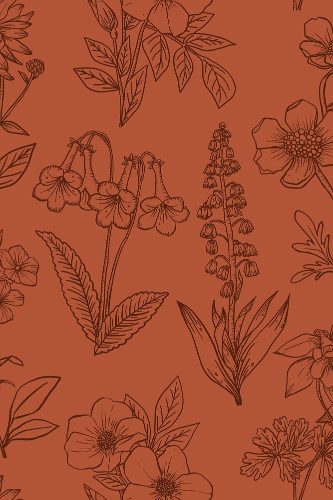 Aesthetic flower line art background in brown, hand drawn minimal design