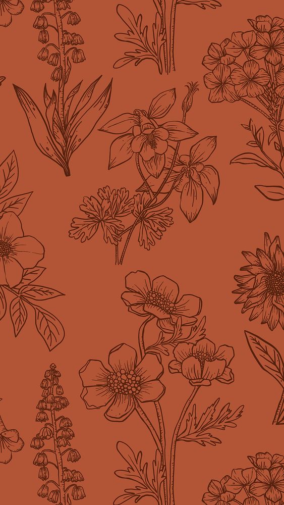 Aesthetic flower phone wallpaper, hand drawn line art design in brown