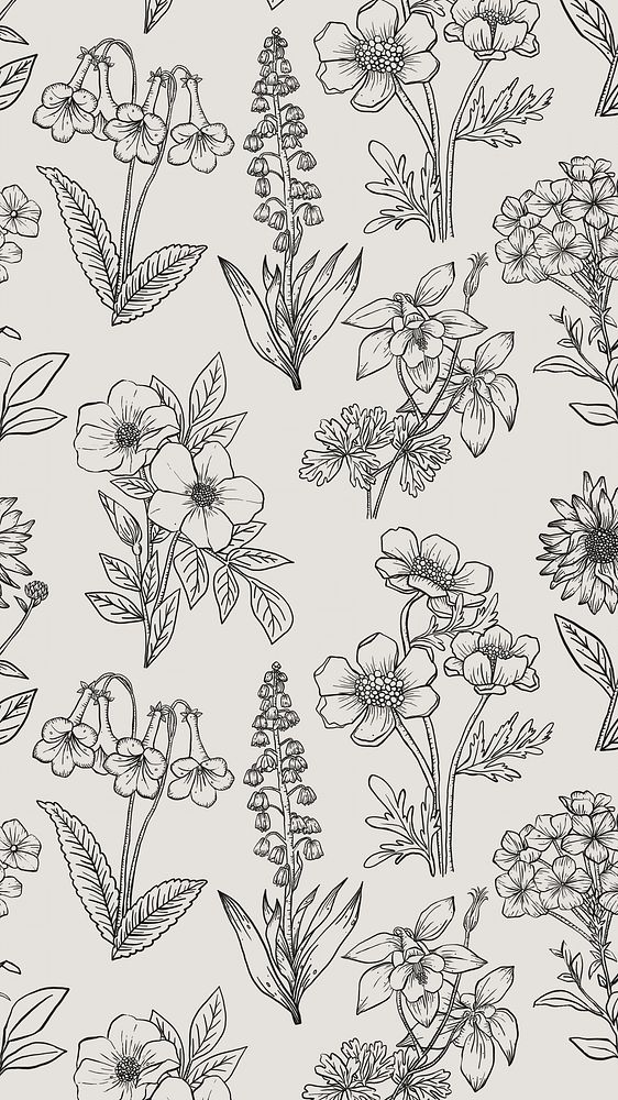 Floral mobile wallpaper, hand drawn line art design in black and white