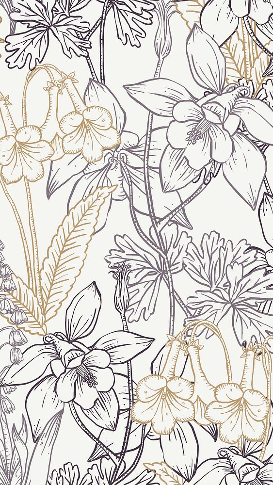 Aesthetic flower phone wallpaper, hand drawn line art design in neutral color