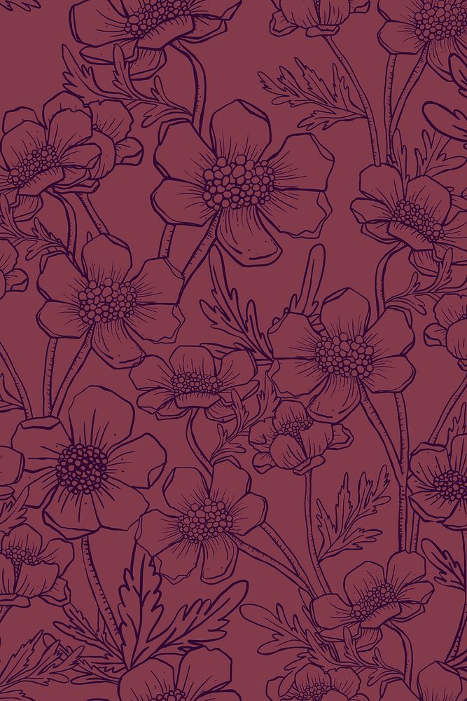 Aesthetic flower line art background in burgundy, hand drawn minimal design