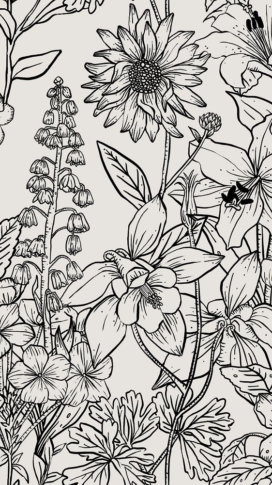 Flower mobile wallpaper, hand drawn line art design in black and white