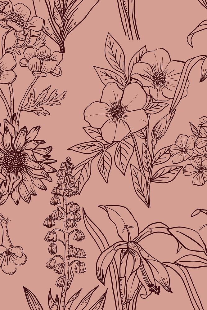 Aesthetic flower line art background in pink, hand drawn minimal design