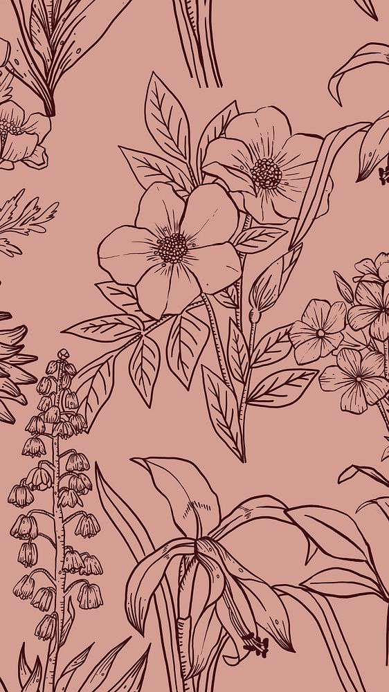 Floral phone wallpaper, hand drawn line art design in pink