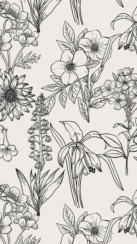 Aesthetic flower mobile wallpaper, hand drawn line art design in black and white