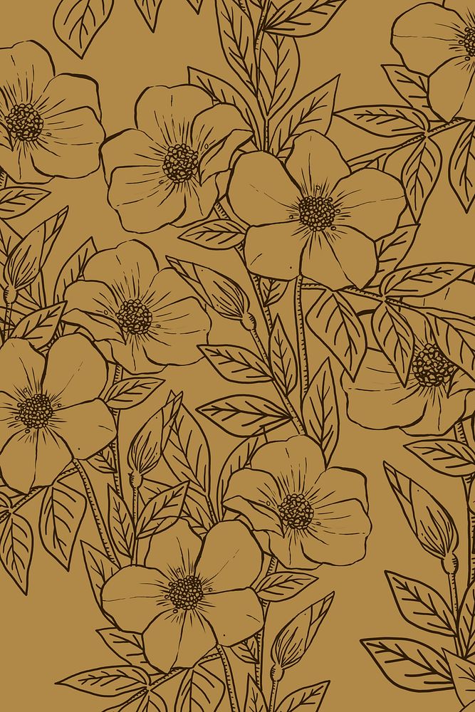 Aesthetic flower line art background in dark yellow, hand drawn minimal design