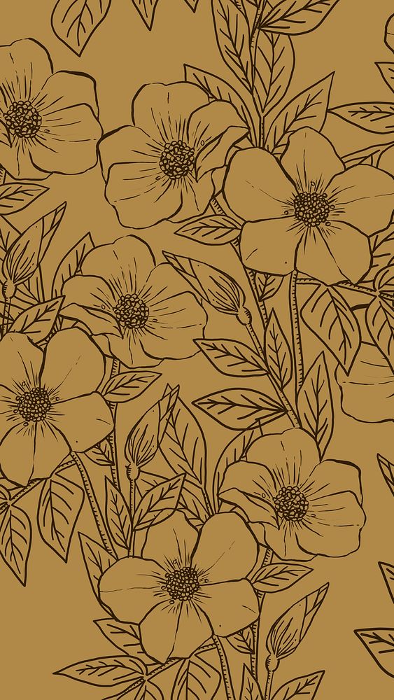 Floral iPhone wallpaper, hand drawn line art design in dark yellow