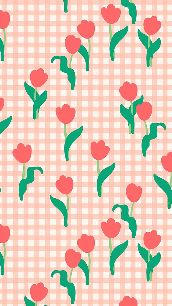 Pink tulip gingham phone wallpaper, pastel high resolution background