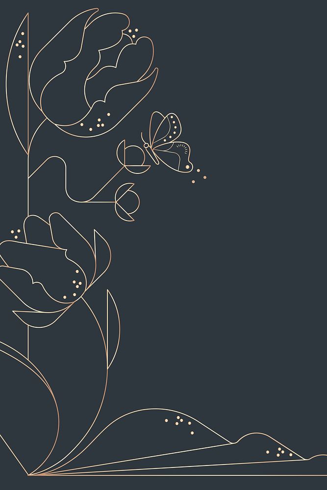 Black background, gold line art flowers border design psd