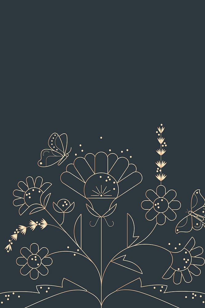 Black background, gold flower line art border design vector
