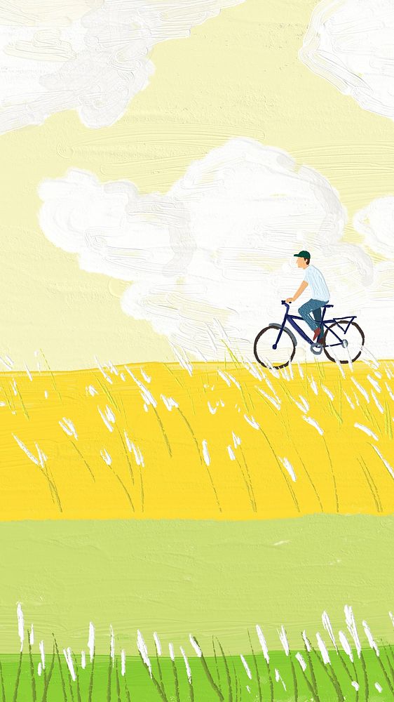 Cyclist on meadow phone wallpaper, paint brush illustration design