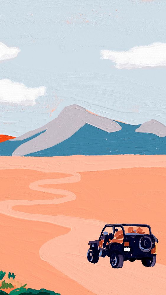4WD car desert phone wallpaper, paint brush illustration design