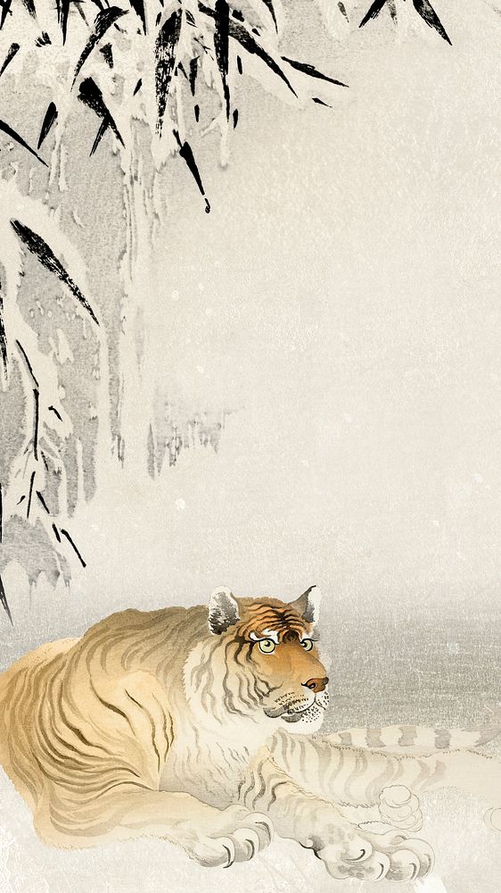 Chinese zodiac tiger phone wallpaper, animal realistic 4k background, remixed from artworks by Ohara Koson