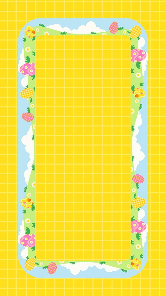 Cute Easter Instagram story frame, yellow grid pattern background for kids vector
