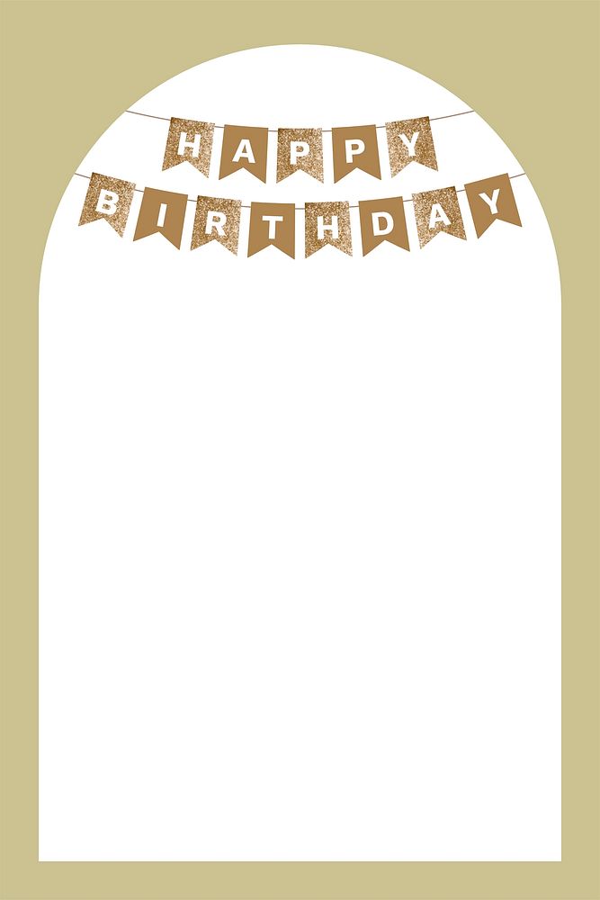 Arch birthday banner frame background, gold party design, vector