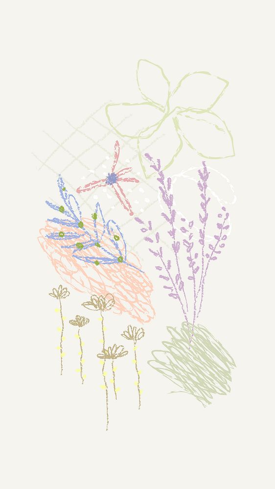 Aesthetic floral phone wallpaper, crayon doodle design