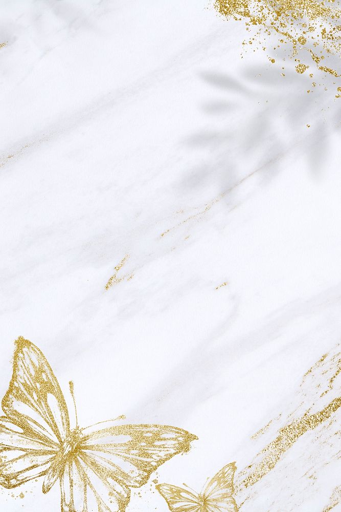 White background, gold glitter butterfly, marble design