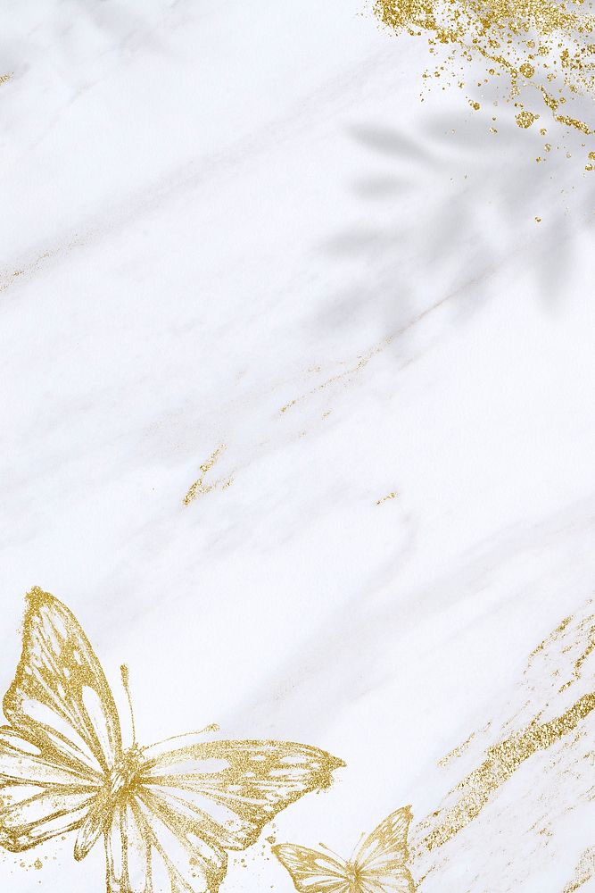 White background, gold glitter butterfly, marble design psd