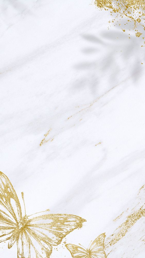 White mobile wallpaper, gold glitter butterfly design