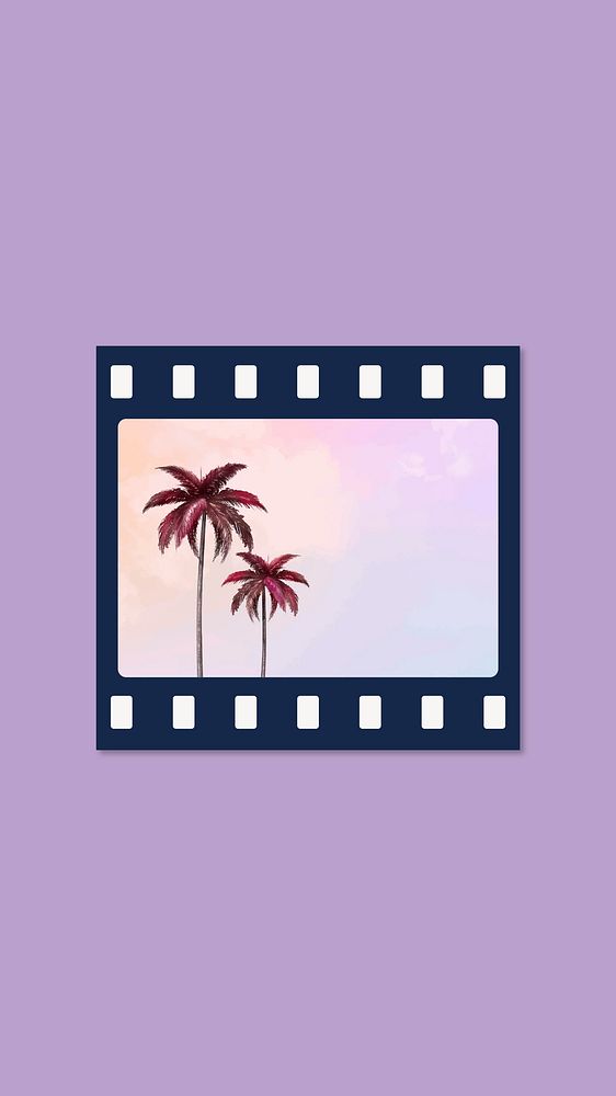 Purple aesthetic film strip mobile wallpaper, palm tree design vector