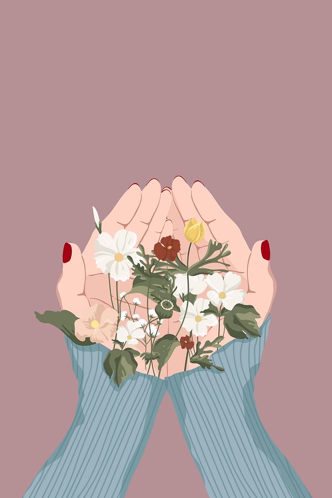 Flowers in cupped hands background, feminine illustration design